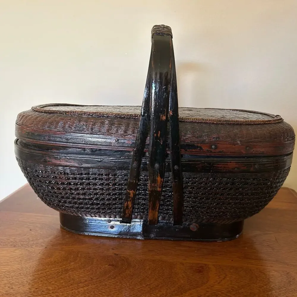 Vintage, Hand-Woven Chinese Bamboo and Rattan Basket, Black Lacquer